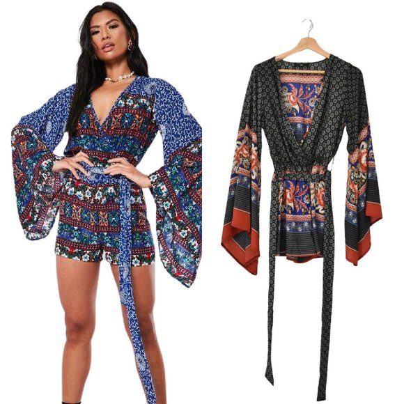 Missguided Mixed Print Bell Sleeve Wrap Romper - Picture 1 of 12